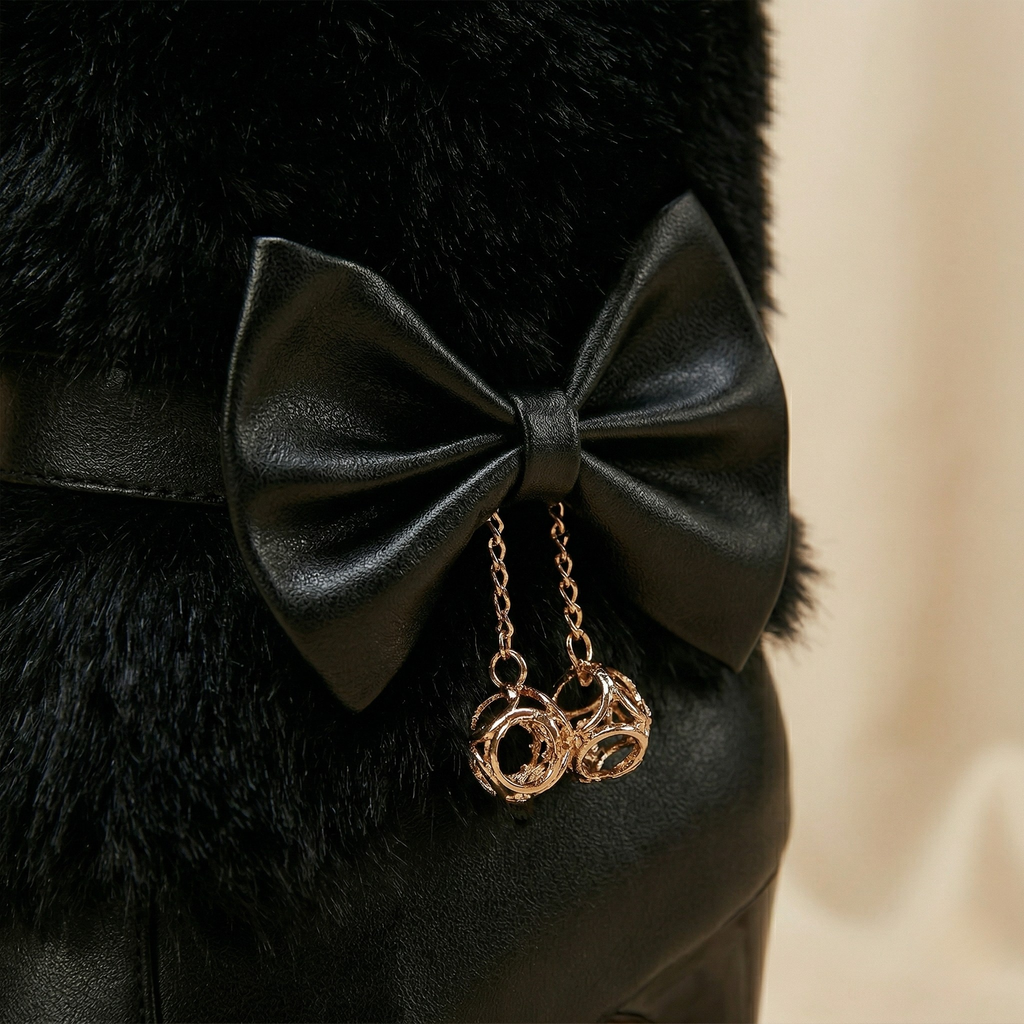 FIG Noir — Faux Fur Bow Chain Stiletto Boot