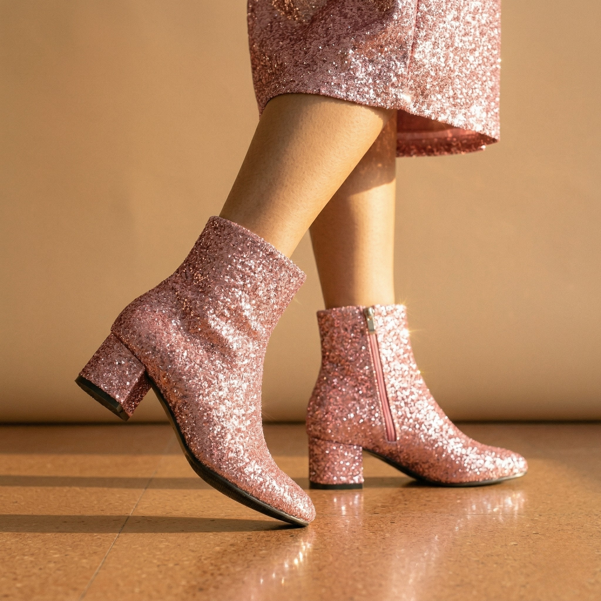 FIG Nova - Rose Glitter Block Heel Ankle Boot