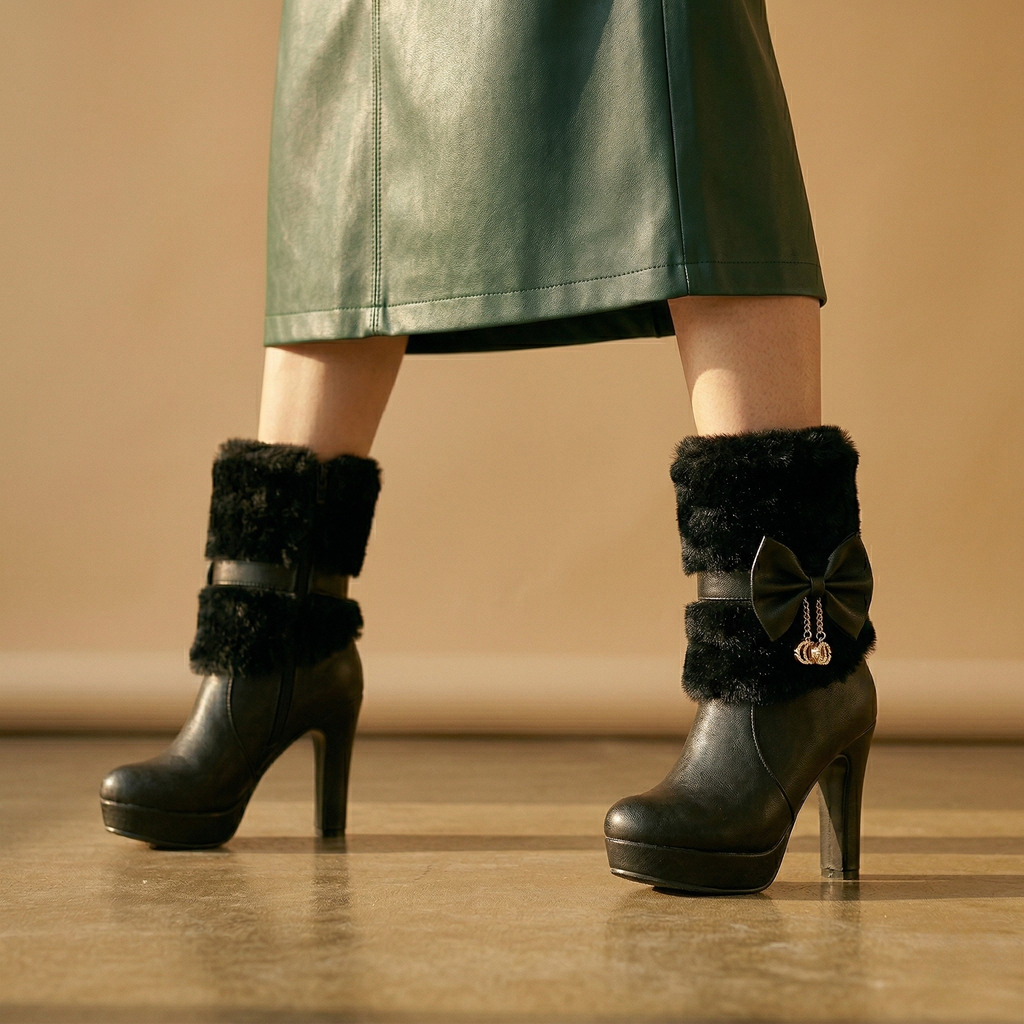 FIG Noir — Faux Fur Bow Chain Stiletto Boot