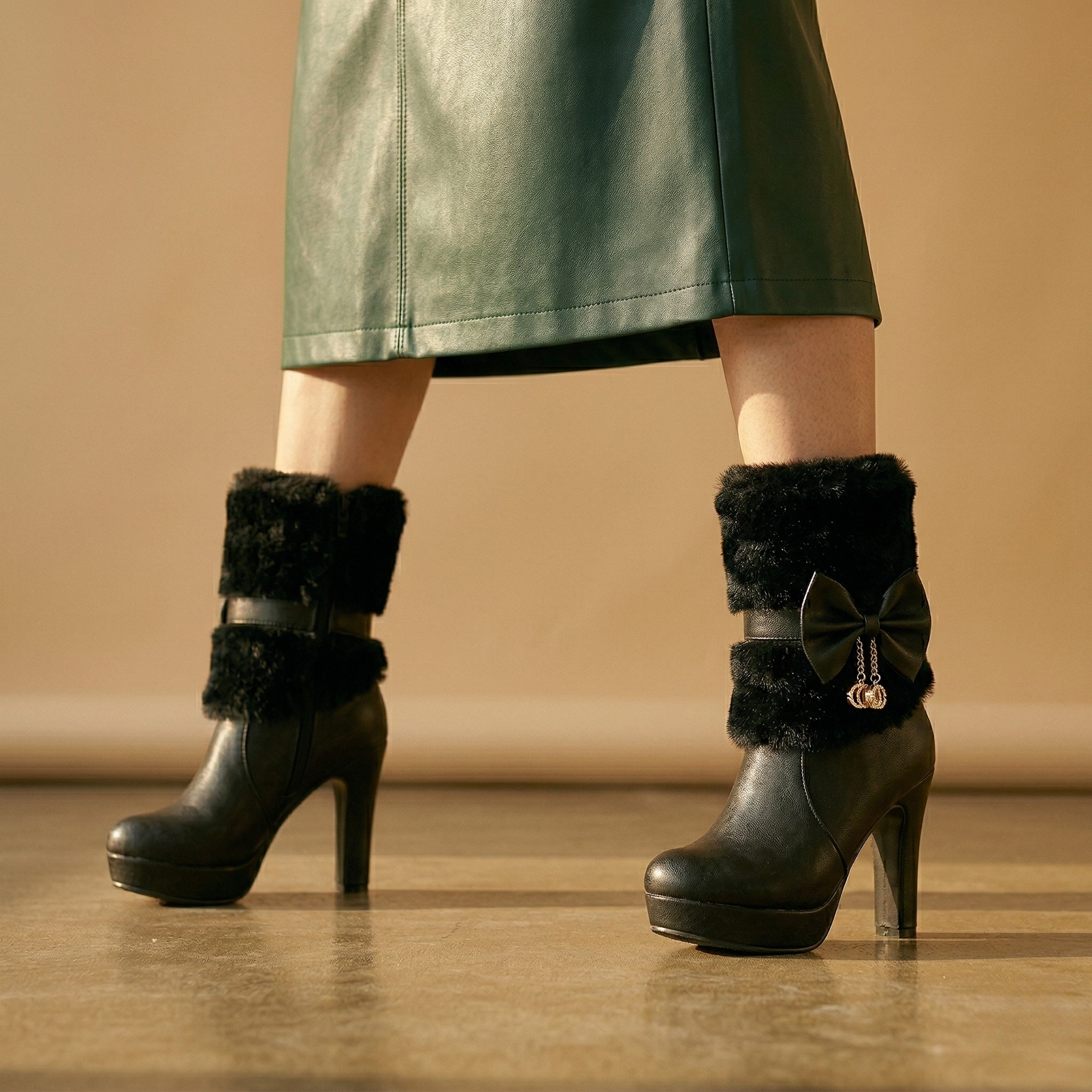 FIG Noir — Faux Fur Bow Chain Stiletto Boot